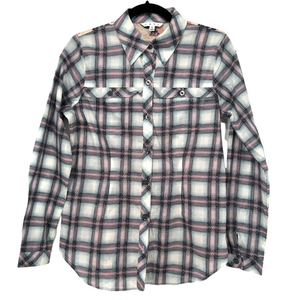 CAbi‎ Pink and Blue Plaid Long Sleeve, Floral Back 100% Cotton Size Small